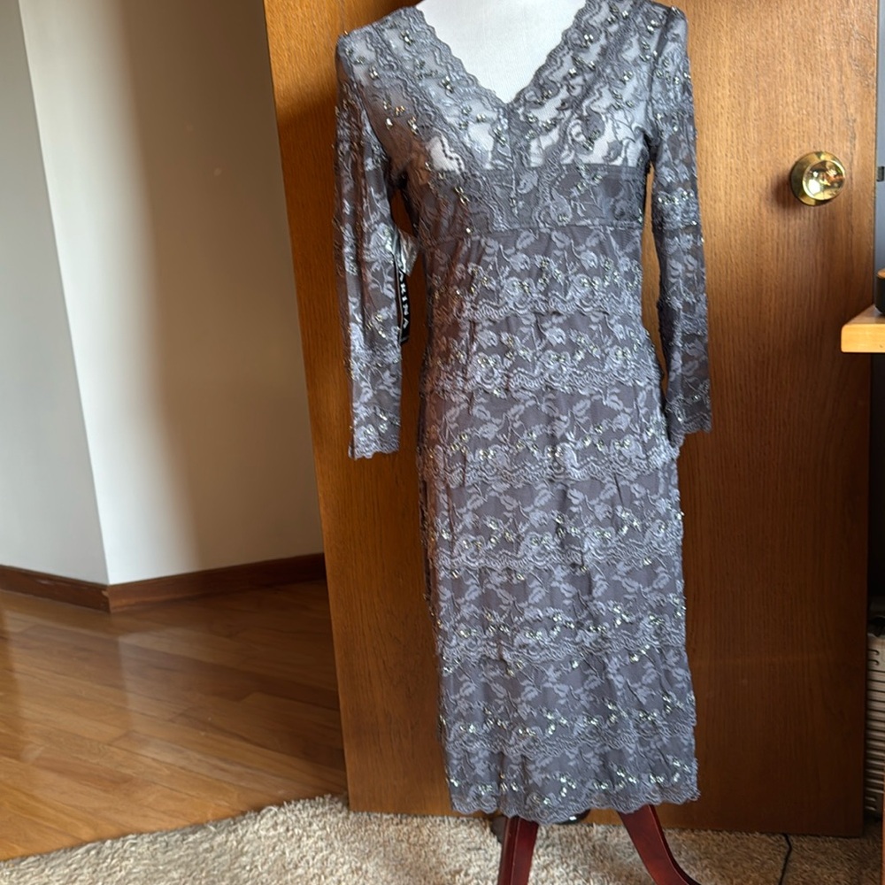 Marina Sequin Ling Sleeve Grey Cocktail Dress Size 10P